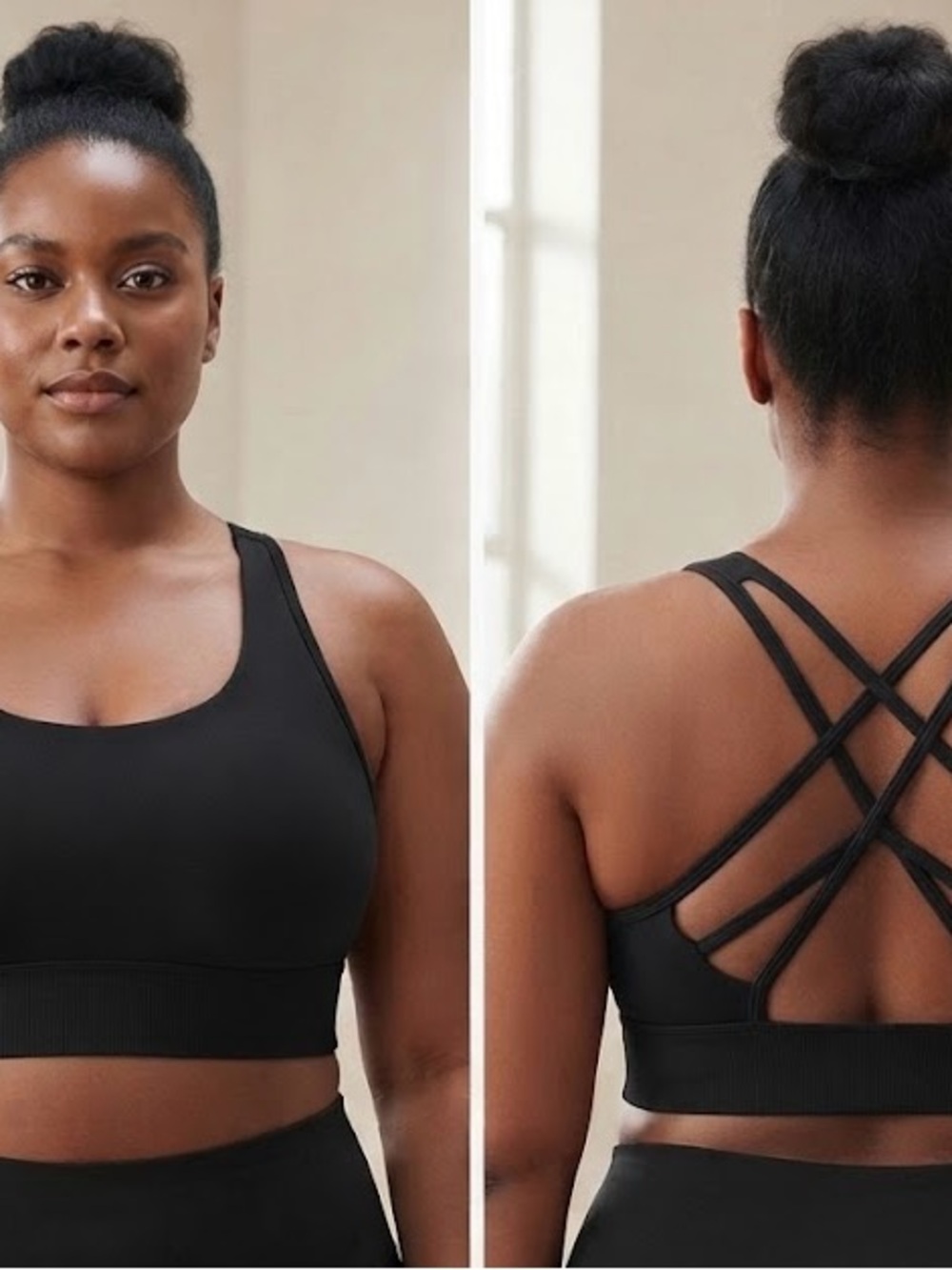 Strappy Back Black Sports Bra with Wide Support Band